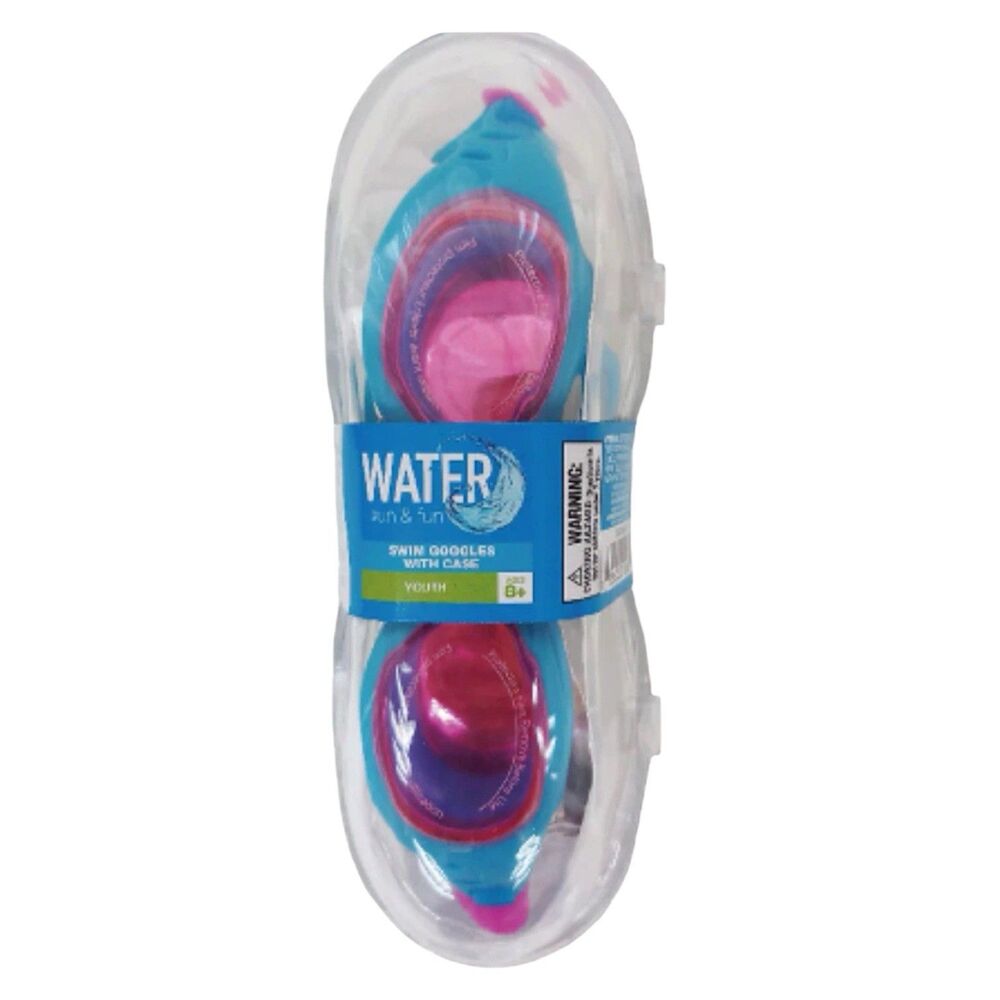 Water Sun & Fun Youth Swim Goggles  with Case Blue & Pink Age 8+